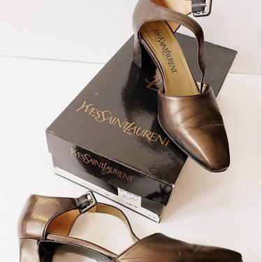 1990s Yves Saint Laurent Metallic Mary Jane Shoes Platinum Bronze / 90s Designer YSL Pointy Toe Ankle Strap Shoes in Original Box / 6.5 