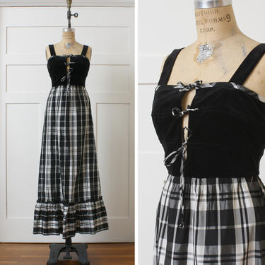 vintage Lanz dress • 1970s 80s black &amp; white velvet with plaid taffeta skirt • lace up bows maxi dress 