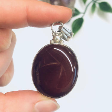Silver Carnelian Pendant, Dark Red Pendant, Silver and Red Jewelry, Vintage Necklace Pendant 