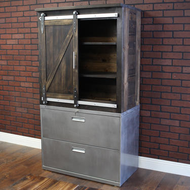 2-drawer Lateral cabinet with sliding door wood cabinet above / office furniture / rustic industrial / storage unit 