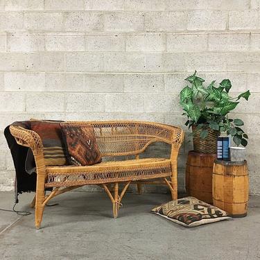 Vintage Wicker Bench Retro Tan Woven Straw Seating With a Back Indoor or Outdoor Seating LOCAL PICKUP ONLY 