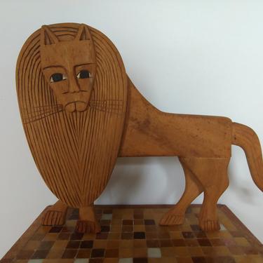 Vintage Folk Art Hand Carved Wood Lion Sculpture 