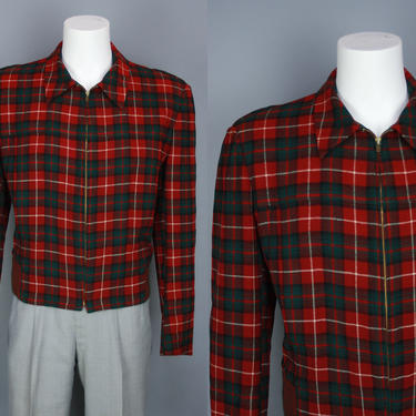 1950s PENDLETON Jacket | Vintage 50s Men’s Red &amp; Green Plaid Zip Front Wool Jacket | xl 