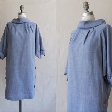 Vintage 80s Boxy Grey Dress with Batwing Sleeves/ 1980s Modernist Dress/ Size Medium 