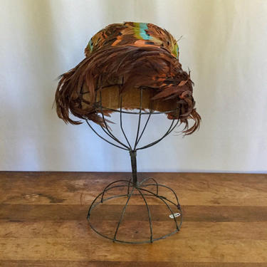 Vintage 40s feather hat | vintage multi colored feather pillbox hat | 1940s autumn real feather hat 