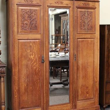 AI44 Mirror Front Oak Armoire with Hand-Carved Panels