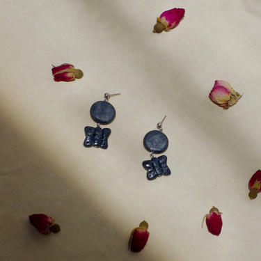Butterfly Earrings / Black Shimmery Polymer Clay / Stainless Steel Chain Earring 