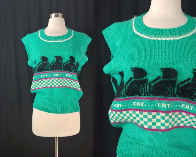 Vintage Eighties Green Cap Sleeve Cat Cat Cat Sweater - 80s Unique Cat Knit Sweater - Ari Barrie Medium 