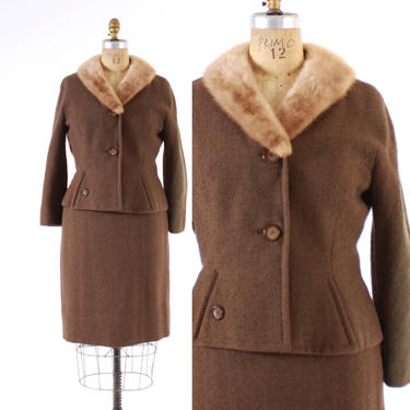 Vintage 60s SUIT / 1960s MINK Collar Brown Wool Blazer Jacket &amp; Pencil Skirt S 