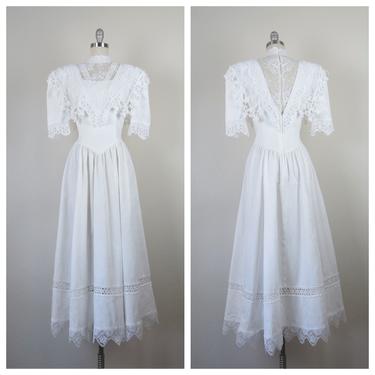 Vintage 1980s high neck lace collar dress, Jessica McClintock, Victorian revival, cottagecore, tea length, wedding, bridal, size small 