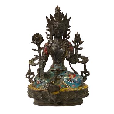 Metal Blue Enamel Cloisonné Kwan Yin Tara Avalokitesvara Bodhisattva Statue ws1415E 