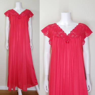Red Shadowline Nightgown Lingerie, Extra Large / Lace Yoke and Flutter Sleeves Free Bust Nightgown / Plus Size Silky Short Sleeve Night Gown 