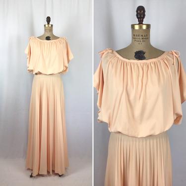 Vintage 70s dress | Vintage peach knit draped dress | 1970s light orange pleated cocktail evening dress 