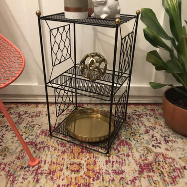 Metal Side Table, Plant Stand Rack, Mid Century Vintage Wire, Book Case Shelf, black and brass metal etagere telephone stand 