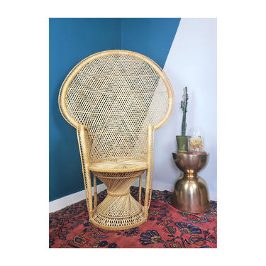 FREE SHIPPING Vintage Wicker Peacock Chair Hourglass Base | Boho Rattan Peacock Chair Throne Wingback/Fan-back Seat 