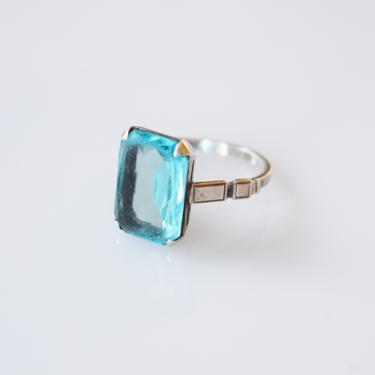 Vintage Art Deco Simulated Aquamarine and Silver Ring | 6.75 