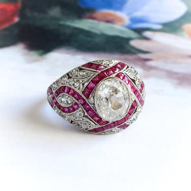 Art Deco Inspired 3.70ct. t.w. Old Cut Diamond &amp; Ruby Dome Statement Ring Platinum 