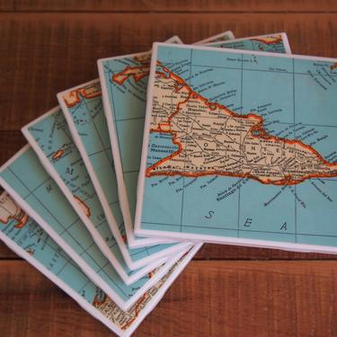 1946 Cuba Vintage Map Coasters Set of 6 - Ceramic Tile - Repurposed 1940s Rand McNally Atlas - Handmade - Havana - Caribbean Sea 