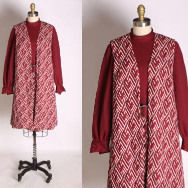 1960s Burgundy Red and White Geometric Long Sleeve Polyester Dress with Matching Duster Vest and Belt -M 