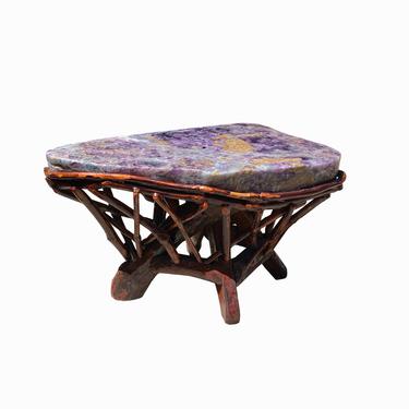 Crystal Jade Stone Top Bamboo Wood Stick Base Accent Stool Stand Table cs6165E 