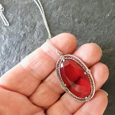 Art Deco Red Glass Pendant on Sterling Chain 