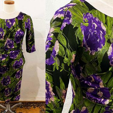 Vintage Floral Jewel Tone Dress Scoop Neck Bodycon Purple Flowers 3/4 Sleeves Half Sleeve Sheath Half Dress Handmade Small XXS XS Petite 
