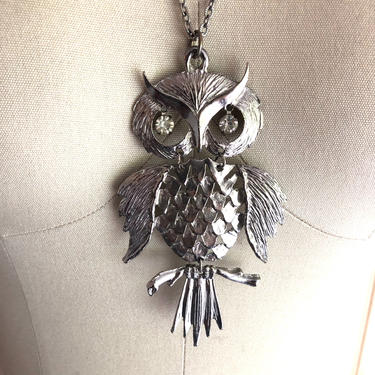 70s silver OWL large pendant necklace / vintage 1970s rhinestone bird statement necklace 