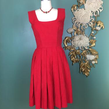 1950s dress, red corduroy, vintage 50s dress, fit and flare, square neck, pleated full skirt, rockabilly style, mrs maisel, small, dirndl 