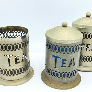 Vintage Tea Coffee Storage tins with Blue Glass Liner- Hammered Tin 