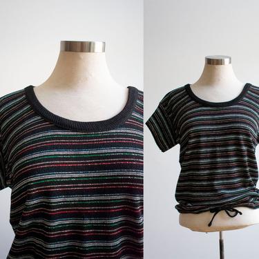 Vintage 1960s Knit Sweater / Vintage Knit Tshirt / Black Striped Blouse / Vintage 1960s Sparkle Sweater / Disco Sweater / 1970s Sweater 