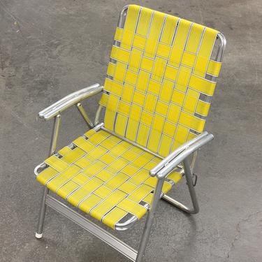 Vintage Lawn Chair Retro 1960s Mid Century Modern + Silver Aluminum Frame + Yellow Webbing + Metal Armrests + Outdoor Seating + Patio 