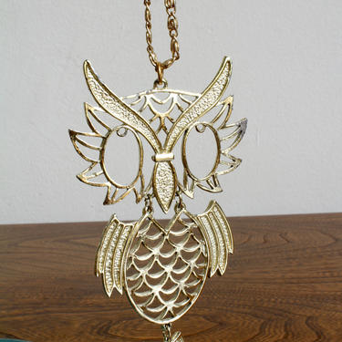 Boho 70s Gold Owl Pendant Necklace, Owl Lover, Mid Century, Glam, Glamorous Statement Necklace, Funky Unique, 