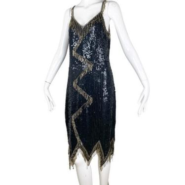 70s Does 20s Black Gold Sequin Flapper Dress / Disco Gatzby Dress / Small - Medium 