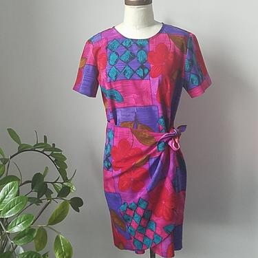 Vintage Hawaiian Floral Faux Wrap Skirt Dress | Vintage Wrap Dress|  90s Floral Dress| 