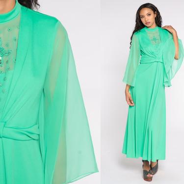 70s Beaded Party Dress Maxi Boho Green Cocktail Gown Rhinestones Chiffon Angel Sleeve Prom Illusion Neckline 1970s Vintage Formal Small S 