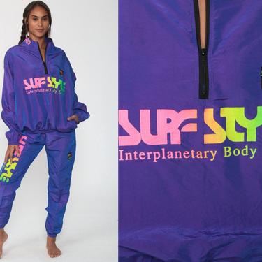 90s Surf Style Tracksuit Neon Purple Iridescent TWO PIECE Track Jacket Outfit Windbreaker Jogging Pants Track Suit Streetwear Vintage Small by ShopExile