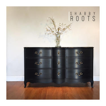 SOLD-Black French Provincial triple Dresser vintage by Bassett. Bow front curvery drawers- polished brass hardware. San Francisco Bay Area by Shab