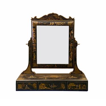 Chinese Vintage Golden Scenery Black Lacquer Mirror Chest cs7052E 