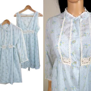 Vintage 60s Suzy Star Boho Prarie Baby Blue Spring Floral Lace Cut Out 2 Piece Pajama Set Size S/M 