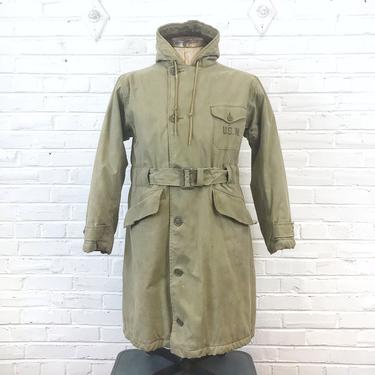 Size 42 Vintage 1940s WW2 US Navy Torpedoman’s Alpaca Lined Deck Coat Parka with Belt and Chest Pocket 
