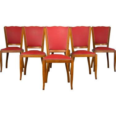 Antique Set of 6 French Art Deco Mustache Back Oak Red Vinyl Dining Chairs 