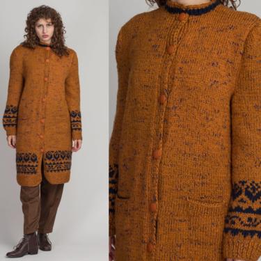 70s Cowichan Puff Sleeve Cardigan - Large | Vintage Orange Slouchy Knit Long Sweater Dress 