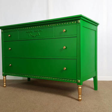 Vintage dresser / bureau / chest of drawers painted in Green an gold legs. by Unique