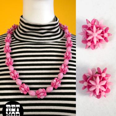 Awesome Vintage 50s 60s Chunky Statement Pink Beaded Necklace &amp; Matching Earrings Set 