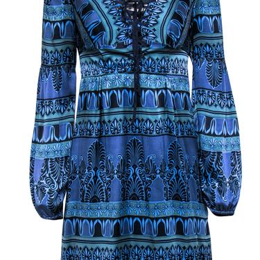 Nanette Lepore - Blue & Teal Bohemian Print Lace-Up Silk Dress Sz 2