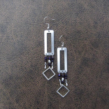 Modern silver earrings purple hematite, mid century, Brutalist earrings, minimalist statement earrings, geometric unique chic earrings 