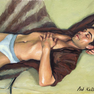 Male Figure Study, Man Sleeping on Sofa, Original Oil Painting, Male Portrait, Handsome Man, Contemporary Realism, Pat Kelley, Fine Art 