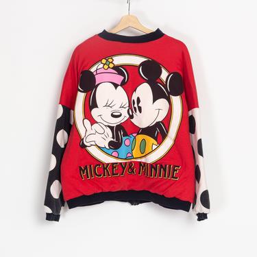 90s Mickey & Minnie Mouse Zip Up Sweatshirt - Large/XL | Vintage Red Oversized Graphic Disney Cartoon Jacket 
