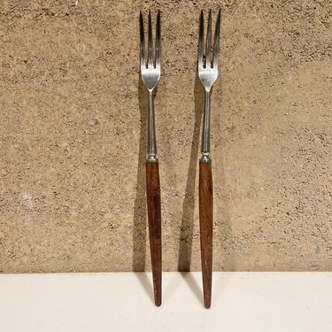 Japanese Modern Pair Cocktail Fondue Forks Sculpted Stainless Steel & Tapered Rosewood 