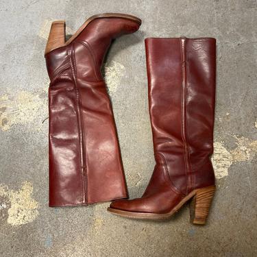 Frye Boots  Vintage 1980s Stacked Heel Whiskey Burgundy Brown Leather Women's size 6 